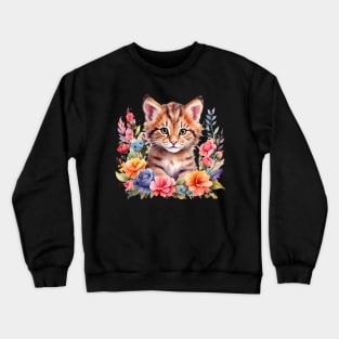 A cat decorated with beautiful watercolor flowers Crewneck Sweatshirt